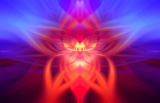 Beautiful abstract intertwined 3d fibers forming a shape of sparkle, flame, flower, interlinked hearts. Pink, blue, maroon, orange, and purple colors. Illustration.