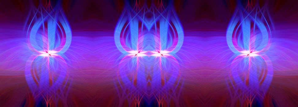 Beautiful abstract intertwined 3d fibers forming a shape of sparkle, flame, flower, interlinked hearts. Pink, blue, maroon, and purple colors. Illustration. Banner and panorama size
