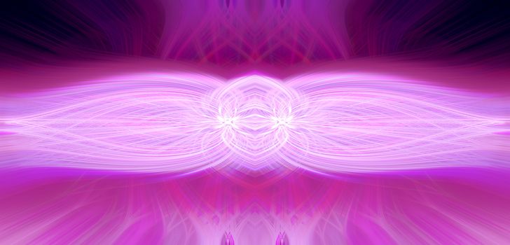 Beautiful abstract intertwined 3d fibers forming a shape of sparkle, flame, flower, interlinked hearts. Pink, maroon, and purple colors. Illustration.