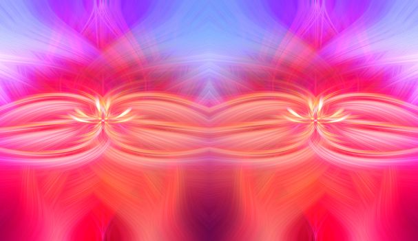 Beautiful abstract intertwined 3d fibers forming a shape of sparkle, flame, flower, interlinked hearts. Pink, blue, maroon, orange, and purple colors. Illustration.