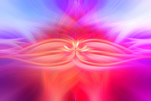 Beautiful abstract intertwined 3d fibers forming a shape of sparkle, flame, flower, interlinked hearts. Pink, blue, maroon, orange, and purple colors. Illustration.