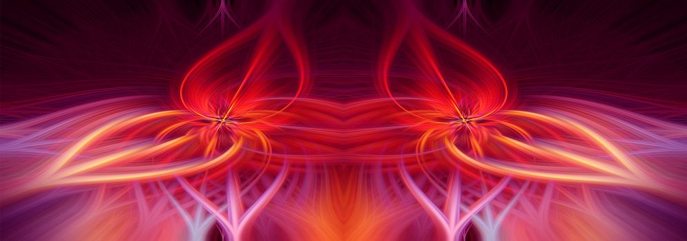 Beautiful abstract intertwined 3d fibers forming a shape of sparkle, flame, flower, interlinked hearts. Pink, red, maroon, orange, and purple colors. Illustration. Banner and panorama size