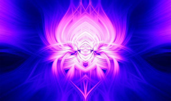Beautiful abstract intertwined 3d fibers forming a shape of sparkle, flame, flower, interlinked hearts. Spider looking creature in the middle. Pink, blue, and purple colors. Illustration.