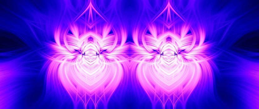 Beautiful abstract intertwined 3d fibers forming a shape of sparkle, flame, flower, interlinked hearts. Spider looking creature in the middle. Pink, blue, and purple colors. Illustration. Banner size