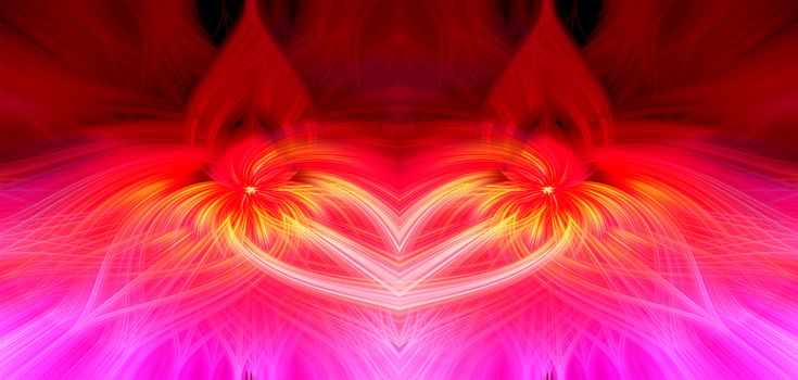 Beautiful abstract intertwined symmetrical 3d fibers forming a shape of sparkle, flame, flower, interlinked hearts. Pink, maroon, orange, and purple colors. Illustration.