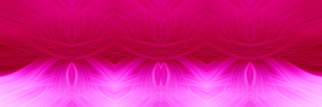 Beautiful abstract intertwined symmetrical 3d fibers forming a shape of sparkle, flame, flower, interlinked hearts. Pink, maroon, and purple colors. Illustration. Banner and panorama size.
