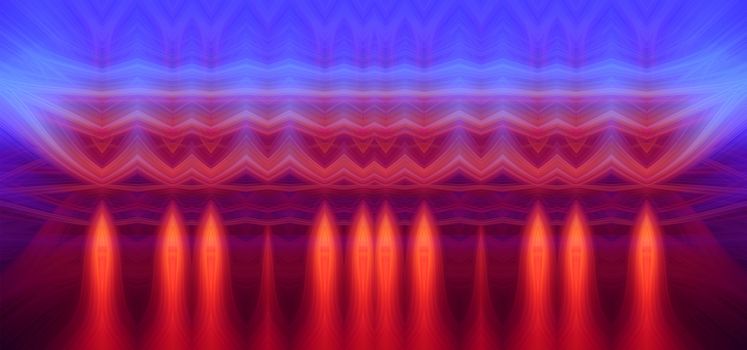 Beautiful abstract intertwined symmetrical 3d fibers forming a shape of sparkle, flame, flower, rods. Pink, blue, maroon, orange, and purple colors. Illustration. Banner and panorama size