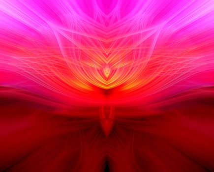 Beautiful abstract intertwined symmetrical 3d fibers forming a shape of sparkle, flame, flower, interlinked hearts. Pink, maroon, orange, and purple colors. Illustration.