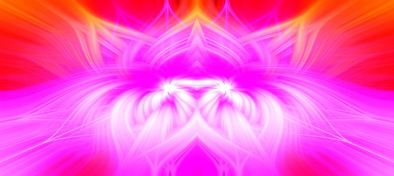 Beautiful abstract intertwined symmetrical 3d fibers forming a shape of sparkle, flame, flower, interlinked hearts. Pink, red, yellow, and purple colors. Illustration.