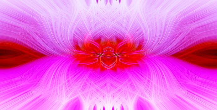 Beautiful abstract intertwined symmetrical 3d fibers forming a shape of sparkle, flame, flower, interlinked hearts. Pink, red, and purple colors. Illustration.