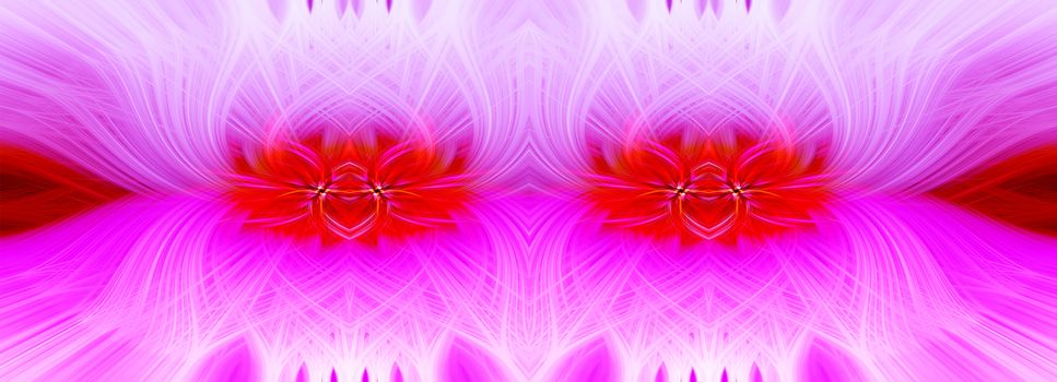 Beautiful abstract intertwined symmetrical 3d fibers forming a shape of sparkle, flame, flower, interlinked hearts. Pink, red, and purple colors. Illustration. Banner and panorama size