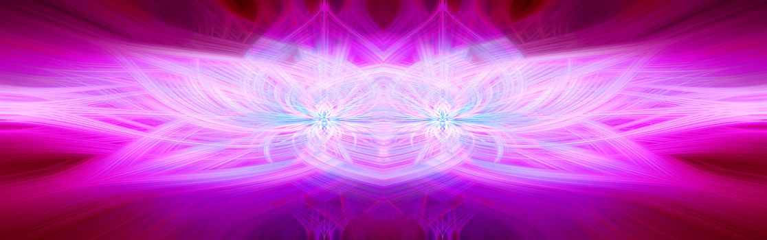 Beautiful abstract intertwined symmetrical 3d fibers forming a shape of sparkle, flame, flower, interlinked hearts. Pink, blue, maroon, and purple colors. Illustration. Banner and panorama size.