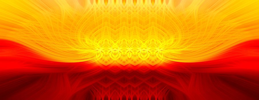 Beautiful abstract intertwined symmetrical 3d fibers forming a shape of sparkle, flame, flower, interlinked hearts. Red and yellow colors. Illustration. Banner and panorama size.