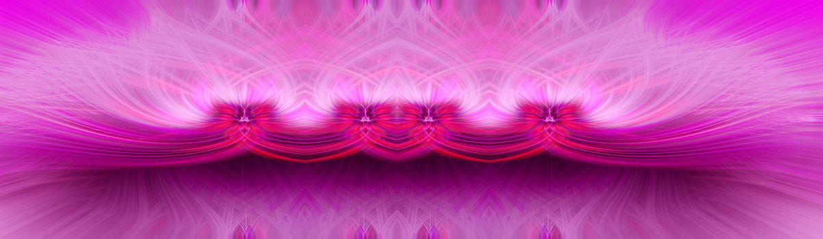 Beautiful abstract intertwined symmetrical 3d fibers forming a shape of sparkle, flame, flower, interlinked hearts. Pink, maroon, and purple colors. Illustration. Banner and panorama size.