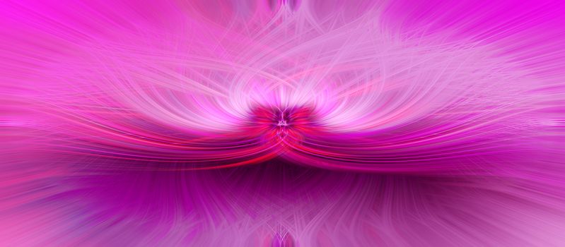 Beautiful abstract intertwined symmetrical 3d fibers forming a shape of sparkle, flame, flower, interlinked hearts. Pink, maroon, and purple colors. Illustration.