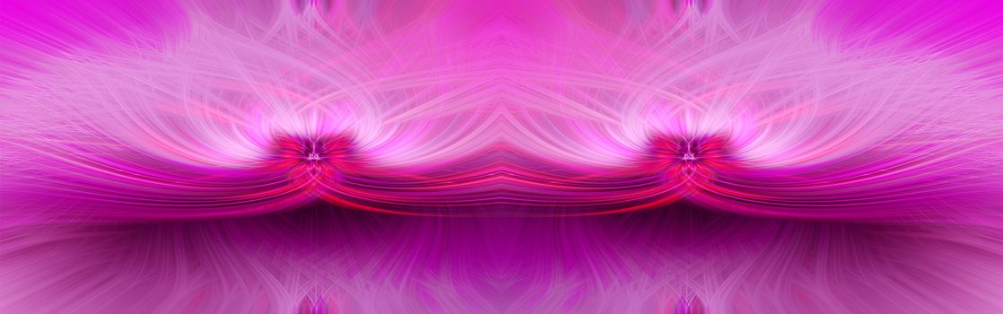 Beautiful abstract intertwined symmetrical 3d fibers forming a shape of sparkle, flame, flower, interlinked hearts. Pink, maroon, and purple colors. Illustration. Banner, panorama size.