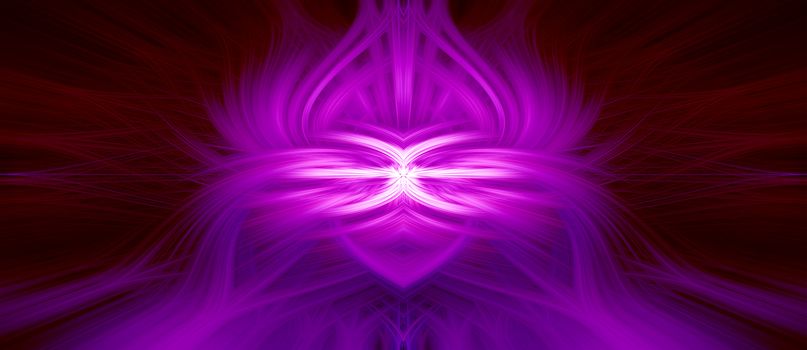 Beautiful abstract intertwined 3d fibers forming a shape of sparkle, flame, interlinked hearts and mysterious alien creature in the middle. Pink, blue, maroon, and purple colors. Illustration.