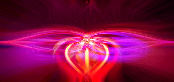 Beautiful abstract intertwined symmetrical 3d fibers forming a shape of sparkle, flame, flower, interlinked hearts. Pink, red, maroon, orange, yellow, and purple colors. Illustration.