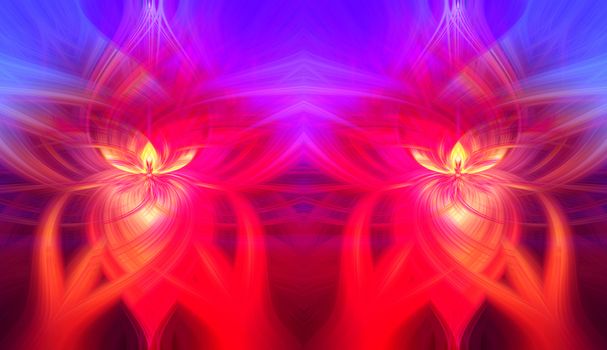 Beautiful abstract intertwined symmetrical 3d fibers forming a shape of sparkle, flame, flower, interlinked hearts. Pink, red, blue, maroon, yellow, and purple colors. Illustration.