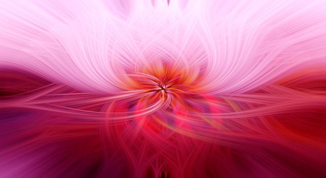 Beautiful abstract intertwined symmetrical 3d fibers forming a shape of sparkle, flame, flower, interlinked hearts. Pink, red, maroon, orange colors. Illustration.