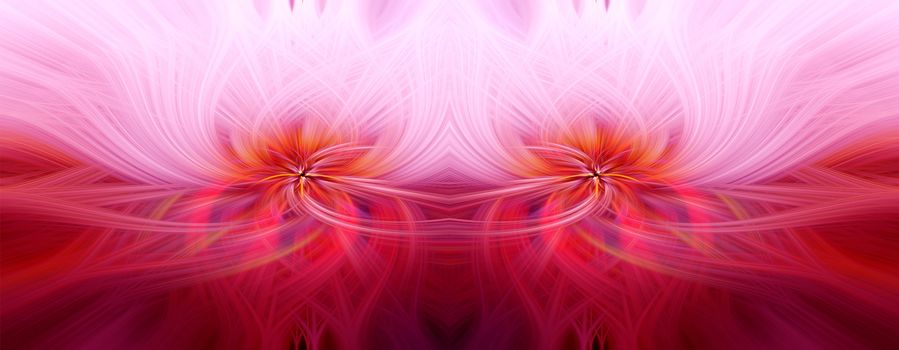 Beautiful abstract intertwined symmetrical 3d fibers forming a shape of sparkle, flame, flower, interlinked hearts. Pink, red, maroon, orange colors. Illustration. Banner and panorama size