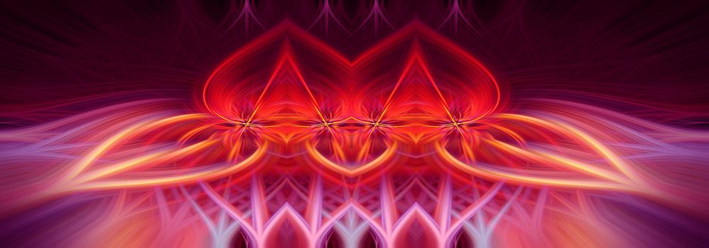 Beautiful abstract intertwined symmetrical 3d fibers forming a shape of sparkle, flame, flower, interlinked hearts. Pink, maroon, orange, and purple colors. Illustration. Banner and panorama size.