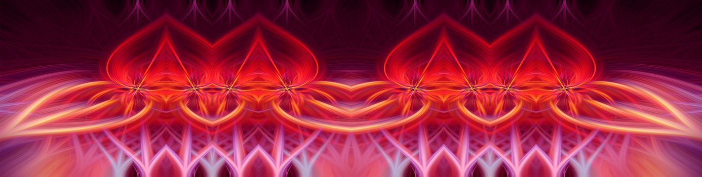 Beautiful abstract intertwined symmetrical 3d fibers forming a shape of sparkle, flame, flower, interlinked hearts. Pink, maroon, orange, and purple colors. Illustration. Banner and panorama size.