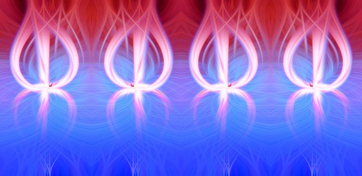 Beautiful abstract intertwined symmetrical 3d fibers forming a shape of sparkle, flame, flower, interlinked hearts. Pink, blue, maroon, and purple colors. Illustration.