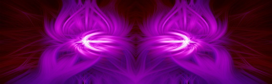 Beautiful abstract intertwined symmetrical 3d fibers forming a shape of sparkle, flame, flower, interlinked hearts. Maroon, white, and purple colors. Illustration. Banner, panorama size.