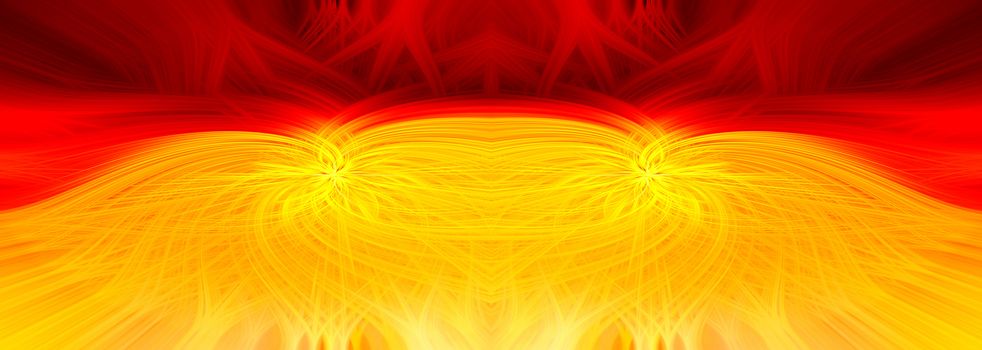 Beautiful abstract intertwined symmetrical 3d fibers forming a shape of sparkle, flame, flower, interlinked hearts. Maroon, red, yellow, and orange colors. Illustration.