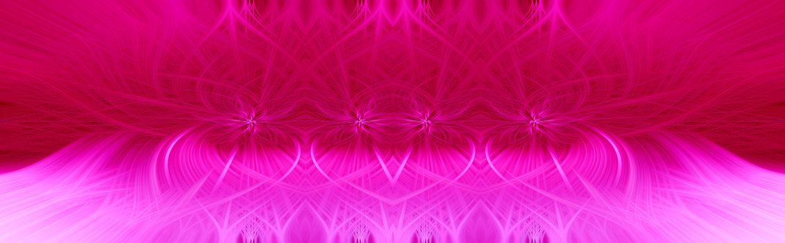 Beautiful abstract intertwined symmetrical 3d fibers forming a shape of sparkle, flame, flower, interlinked hearts. Pink, maroon, and purple colors. Illustration. Banner and panorama size