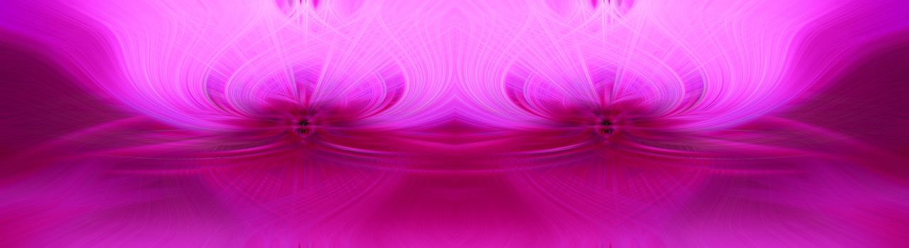 Beautiful abstract intertwined symmetrical 3d fibers forming a shape of sparkle, flame, flower, interlinked hearts. Pink, maroon, and purple colors. Illustration. Banner and panorama size