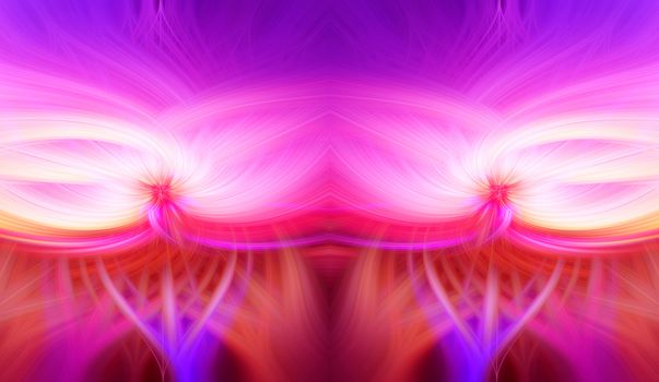 Beautiful abstract intertwined symmetrical 3d fibers forming a shape of sparkle, flame, flower, interlinked hearts. Pink, blue, maroon, yellow, and purple colors. Illustration.