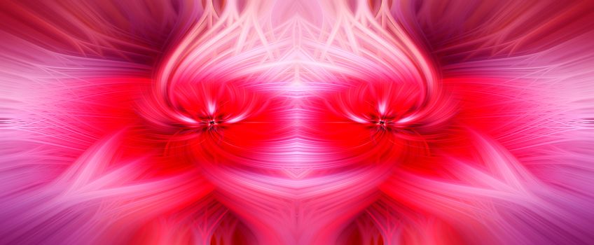 Beautiful abstract intertwined symmetrical 3d fibers forming a shape of sparkle, flame, flower, interlinked hearts, a star. Pink, maroon, red, and purple colors. Illustration. Banner, panorama size