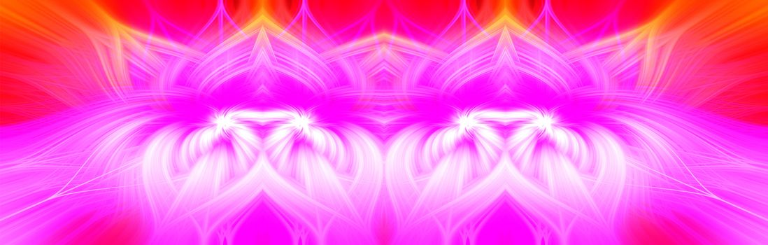 Beautiful abstract intertwined 3d fibers forming a shape of sparkle, flame, flower, interlinked hearts, creature looking like a dragon. Pink, yellow, red and purple colors. Illustration. Banner size