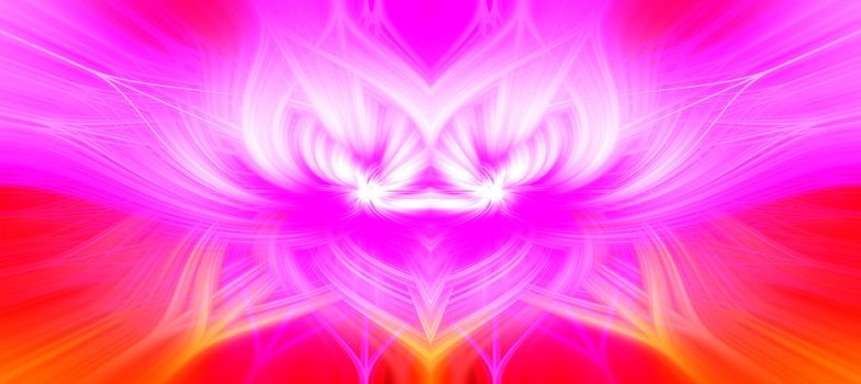 Beautiful abstract intertwined 3d fibers forming a shape of sparkle, flame, flower, interlinked hearts, alien creature looking like a dragon. Pink, yellow, red and purple colors. Illustration.