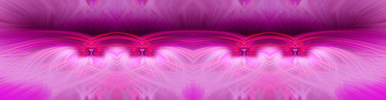 Beautiful abstract intertwined symmetrical 3d fibers forming a shape of sparkle, flame, flower, interlinked hearts. Pink, maroon, and purple colors. Illustration. Banner and panorama size