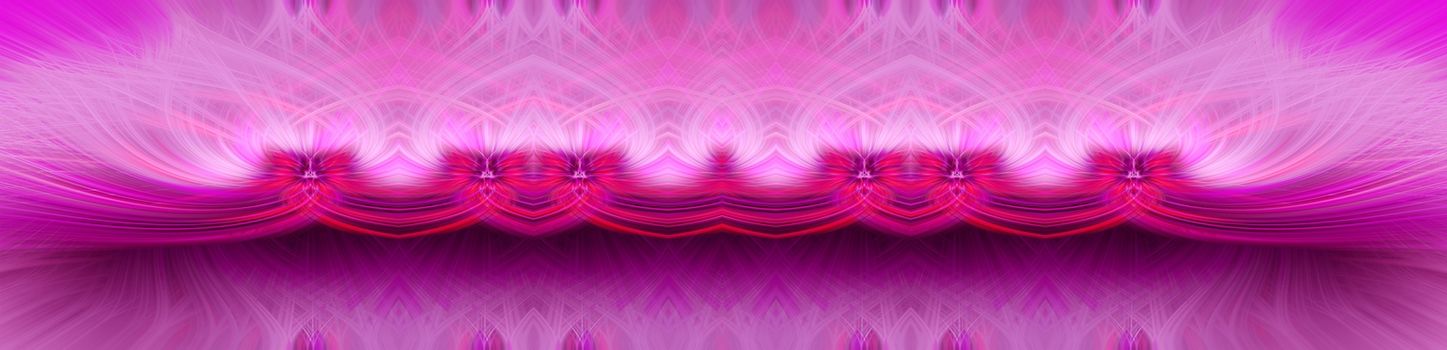 Beautiful abstract intertwined symmetrical 3d fibers forming a shape of sparkle, flame, flower, interlinked hearts. Pink, maroon, and purple colors. Illustration. Banner and panorama size.