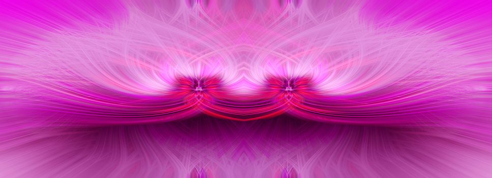 Beautiful abstract intertwined symmetrical 3d fibers forming a shape of sparkle, flame, flower, interlinked hearts. Pink, maroon, and purple colors. Illustration. Banner and panorama size