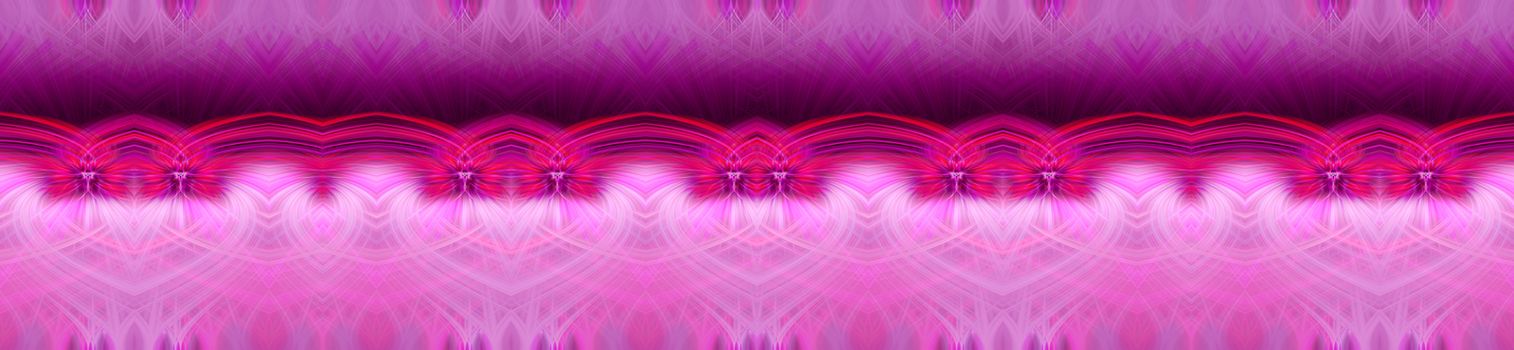 Beautiful abstract intertwined symmetrical 3d fibers forming a shape of sparkle, flame, flower, interlinked hearts. Pink, maroon, and purple colors. Illustration. Banner and panorama size.