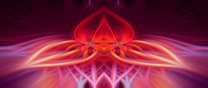 Beautiful abstract intertwined symmetrical 3d fibers forming a shape of sparkle, flame, flower, interlinked hearts, alien creature. Pink, red, maroon, orange, and purple colors. Illustration.