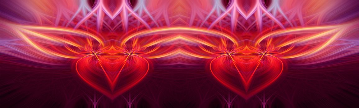 Beautiful abstract intertwined symmetrical 3d fibers forming a shape of a flower, interlinked hearts, alien creature. Pink, red, maroon, orange, and purple colors. Illustration. Banner, panorama size