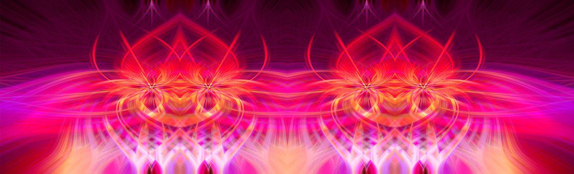 Beautiful abstract intertwined symmetrical 3d fibers forming a shape of sparkle, flame, flower, interlinked hearts. Pink, blue, maroon, orange, and purple colors. Illustration. Banner, panorama size