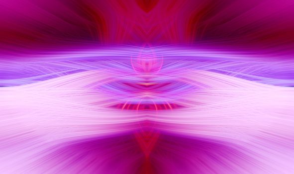 Beautiful abstract intertwined symmetrical 3d fibers forming a shape of sparkle, flame, flower, interlinked hearts. Pink, blue, maroon, and purple colors. Illustration.