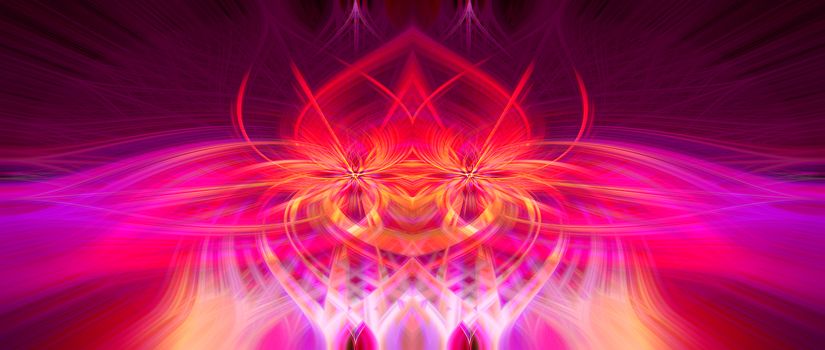 Beautiful abstract intertwined symmetrical 3d fibers forming a shape of sparkle, flame, flower, interlinked hearts. Pink, blue, maroon, orange, and purple colors. Illustration.