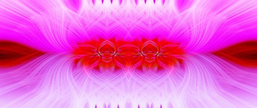 Beautiful abstract intertwined symmetrical 3d fibers forming a shape of sparkle, flame, flower, interlinked hearts. Pink, red, maroon, and purple colors. Illustration. Banner and panorama size.