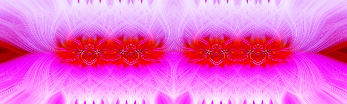 Beautiful abstract intertwined symmetrical 3d fibers forming a shape of sparkle, flame, flower, interlinked hearts. Pink, red, maroon, and purple colors. Illustration. Banner and panorama size