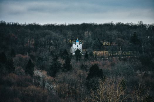 A Lone Church Building With a Blue Roof on a Mountain Covered in Dead Trees With a Cloudy Sky