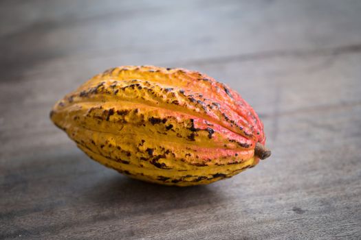 Cacao fruit, raw cacao beans, Cocoa pod on wooden background.