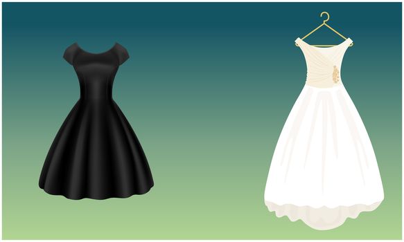 mock up illustration of white and black wedding dress on abstract background